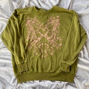 No Boundaries Olive Green Crewneck with Pink Butterfly Graphic